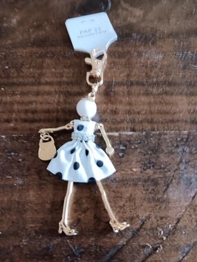 Gold Doll Keychain with White Polka Dot Dress